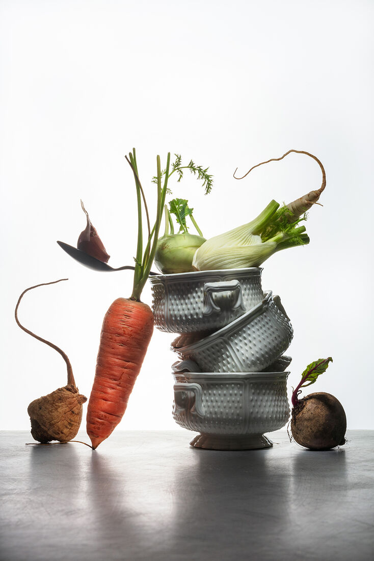 Variety of root vegetables. Healthy food. Natural fresh herbs and spice on a white background and metalic table. Still life with fresh homegrown root vegetables, harvest time. Spotlight. Art food photography. Balancing food. Shallow depth of field.