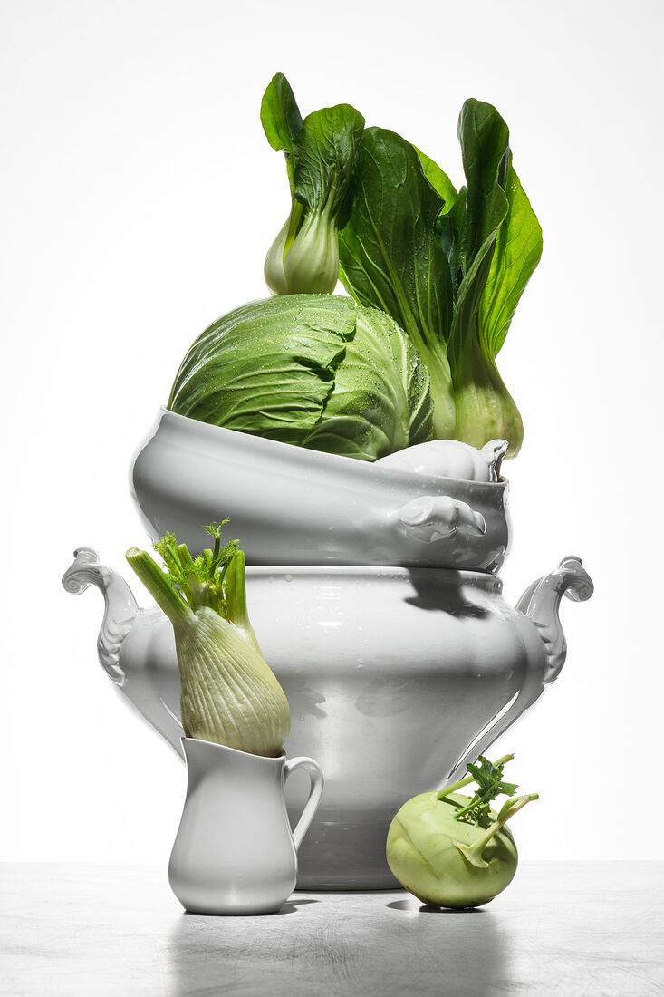 Variety of root vegetables. Healthy food. Natural fresh herbs and spice on a white background and metalic table. Still life with fresh homegrown root vegetables, harvest time. Spotlight. Art food photography. Balancing food. Shallow depth of field.